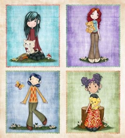 Panel Garden Girls QT Fabrics z motivi štirih deklic