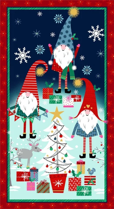 Michael Miller Navy Holiday Gnomes Panel s prazničnimi palčki